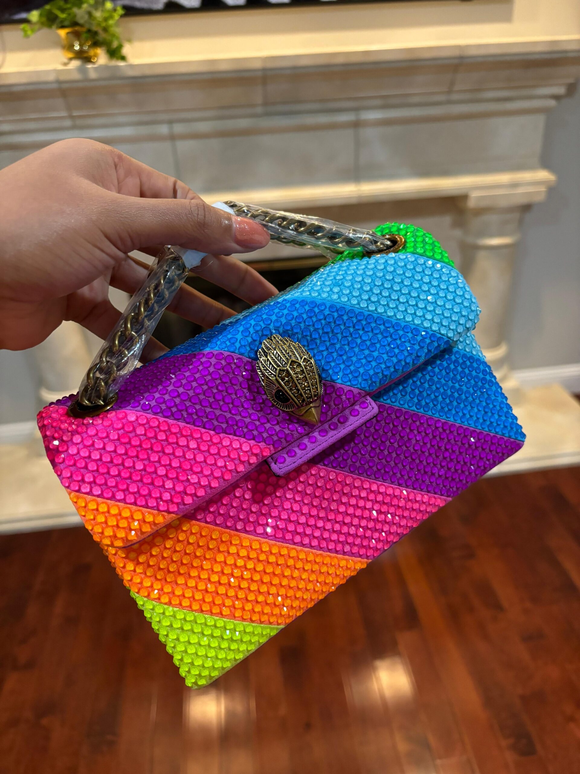 Kurt Geiger London Fabric Mini Kensington bag in a neon crystal rainbow stripe design. - Image 2