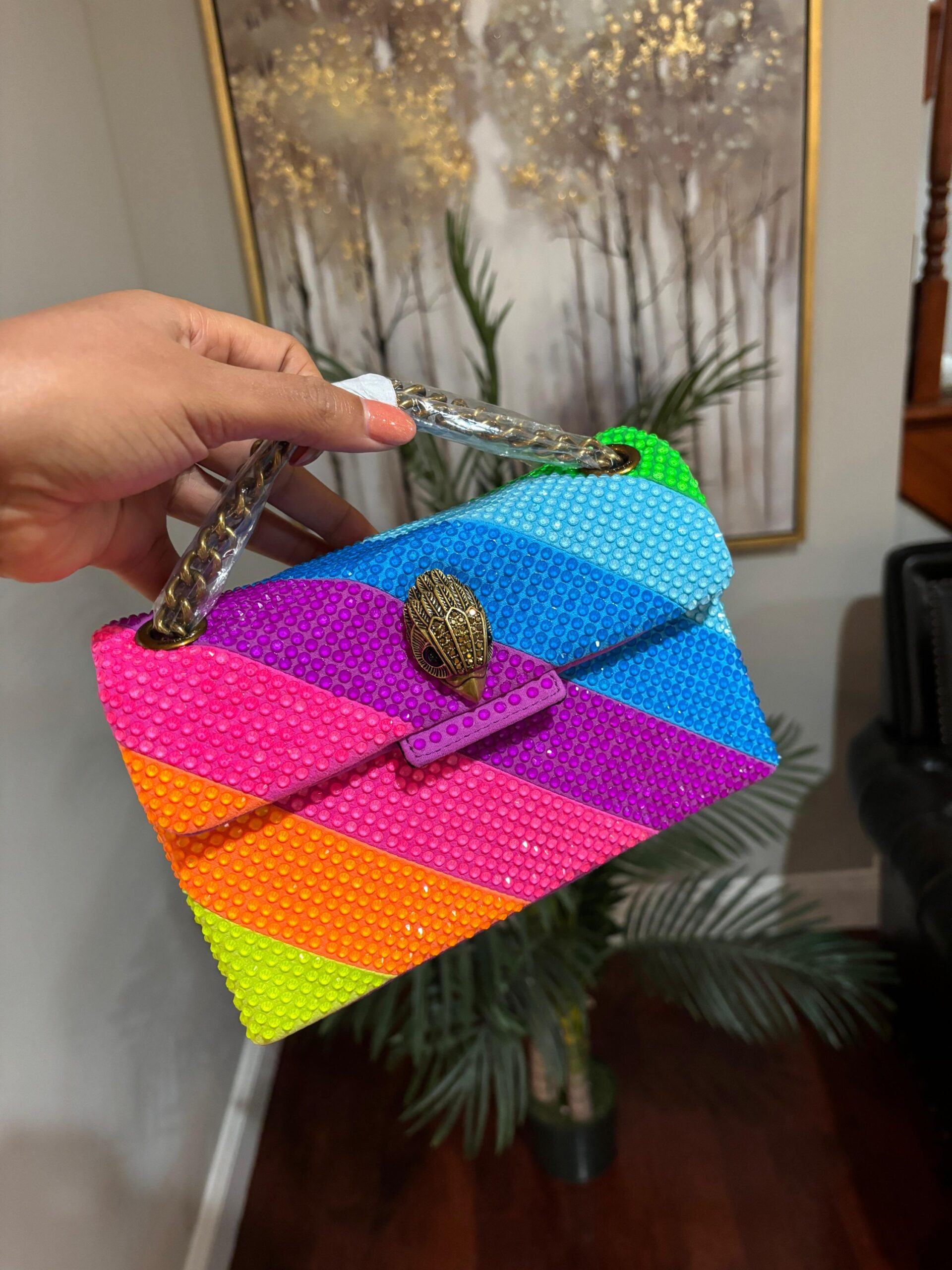 Kurt Geiger London Fabric Mini Kensington bag in a neon crystal rainbow stripe design. - Image 3