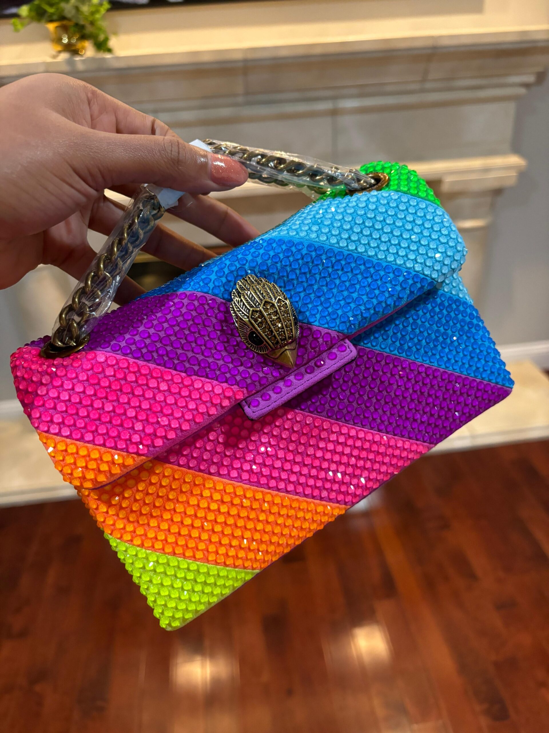 Kurt Geiger London Fabric Mini Kensington bag in a neon crystal rainbow stripe design.