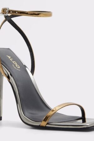 ALDO ELAMAEDAR Ankle Strap Stiletto Heel Sandals in a metallic multi-color finish.
