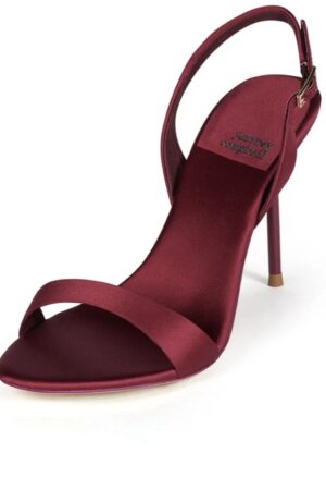Jeffrey Campbell Go-Getter stiletto sling-back sandals in a magenta satin finish.
