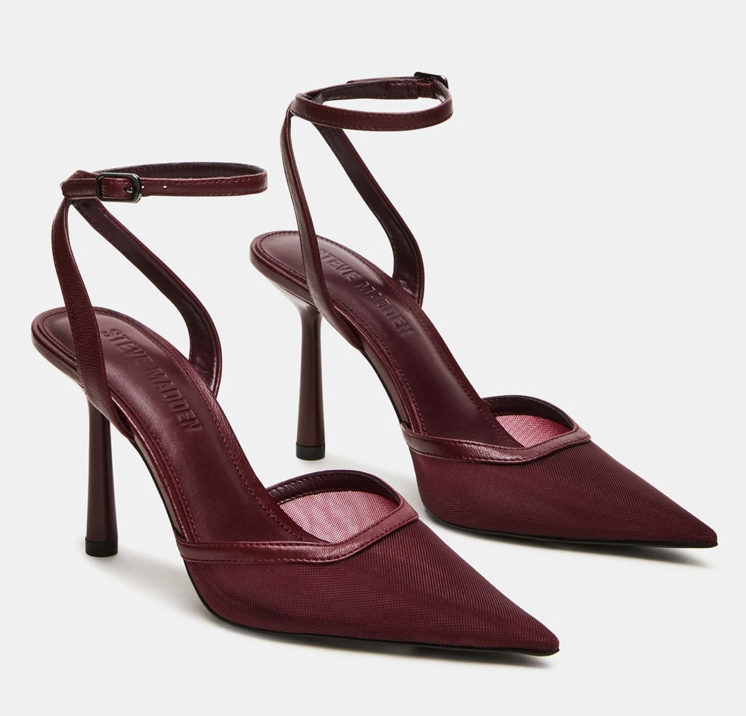 Steve Madden Alliance Mesh Ankle Strap Pointed Toe Pump in burgundy.