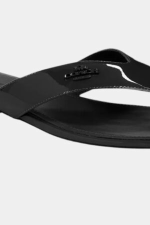 Coach Bridgette sandals in black patent leather.