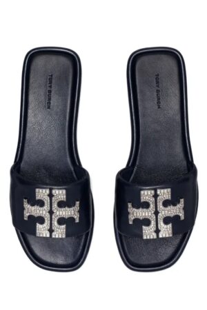 Tory Burch Double T Deco Sport Slides with hand-applied baguette pavé embellishments (Dark Blue)
