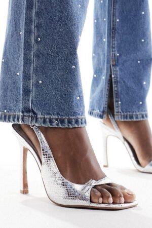 ASOS Design Netty Mini Buckle Detail Barely There Heeled Sandals in Silver