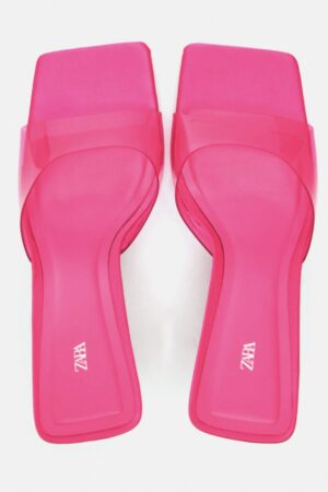 Zara High Heeled Vinyl Mules in a fuchsia or hot pink color.