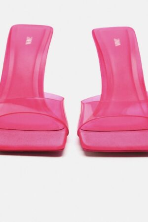 Zara High Heeled Vinyl Mules in a fuchsia or hot pink color.