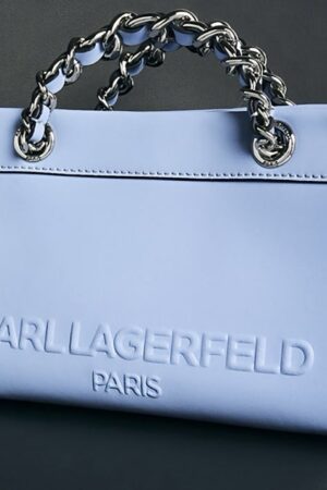Karl Lagerfeld Paris Savoie Crossbody Leather Chain Mini Tote. (Blue Aura)