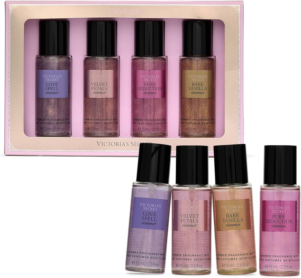 Victoria's Secret Fragrance Mist Collection 4 Piece Shimmer Mini Gift Set, Assorted Scents