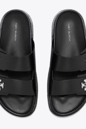 Tory Burch black leather Turnlock sport slides